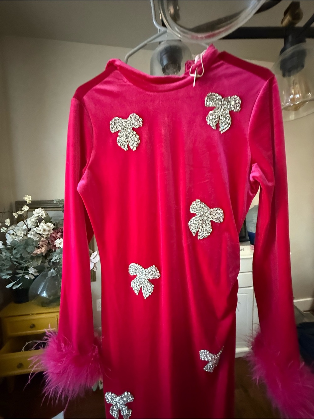 Ivy City Co Hot Pink Velvet Midi Dress with Silver Sequin Bows